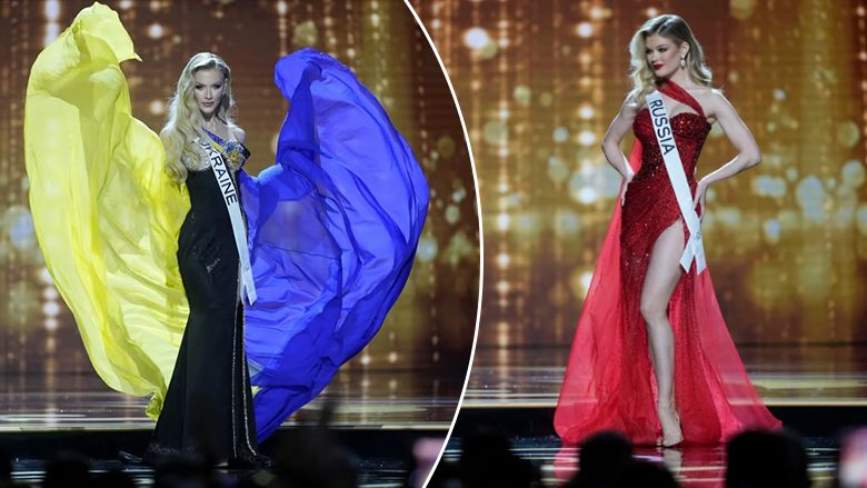  ‘Miss Rusia’ u shfaq e veshur me ngjyrën e gjakut në skenë duke provokuar ‘Miss Ukrainën’ në konkursin “Miss Universe”