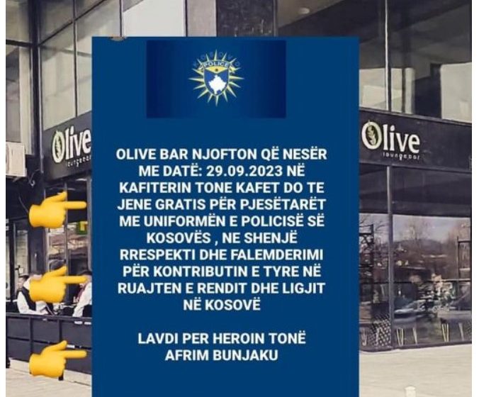  “Olive Bar” – Gjilan, “cafe gratis për pjesëtarët e Policisë së Kosovës”